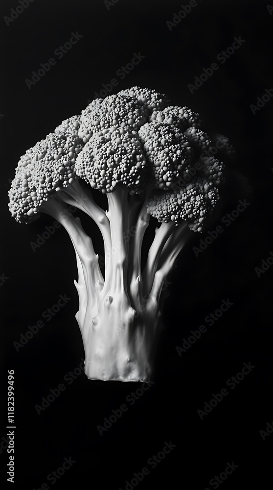 Poster Broccoli in monochrome highlighting texture and detail on a black background