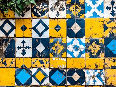 Fototapeta Vintage Yellow Blue Floral Pattern Tile Wall Mosaic
