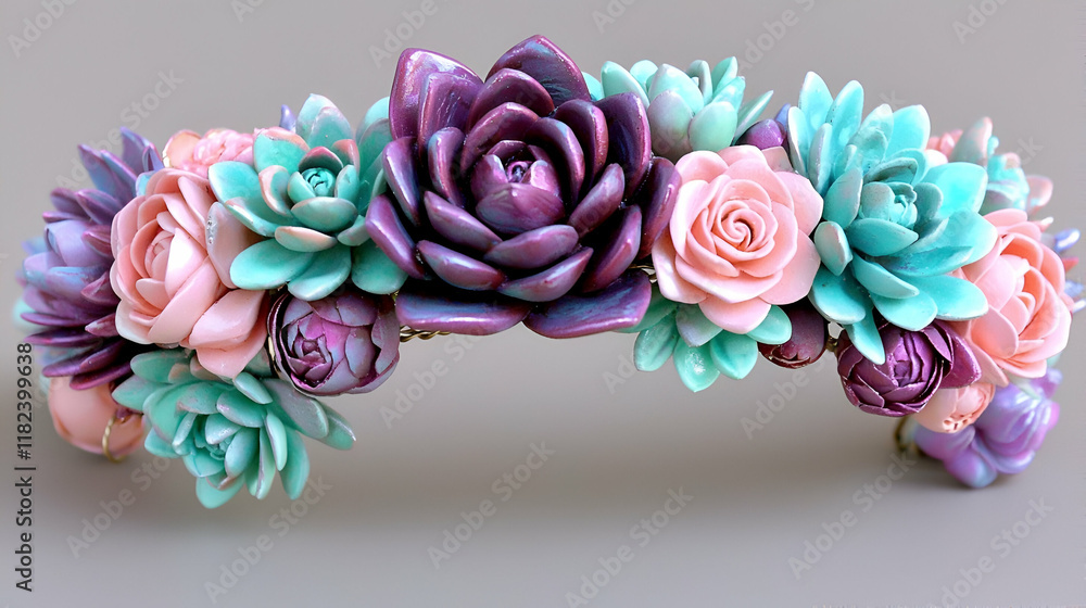 Sticker A colorful floral headband adorned with intricate faux succulents and roses in shades of purple, pink, and teal.