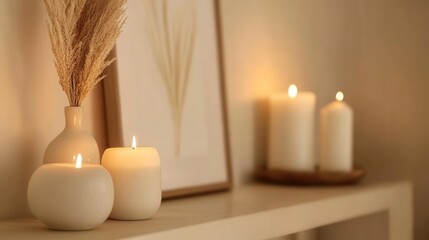 close-up view of a stylish frame in a beige room featuring soft candles, creating a cozy ambience that invites tranquility and appreciation of art and design in home decor