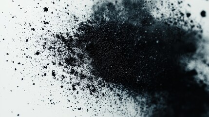 Fototapeta premium Dark powder explodes on a white background. Ideal for overlaying images, creating textures, or designing abstract backgrounds.