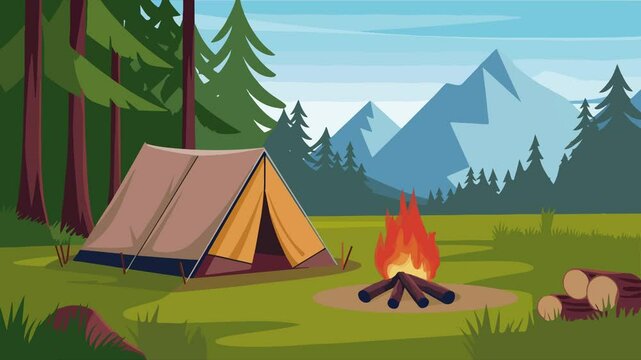 Camping, tent, forest, fire, mountains. (4k animation, looped)
