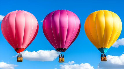 Obraz premium Three colorful hot air balloons float against a bright blue sky with fluffy white clouds, creating a vibrant and cheerful scene.