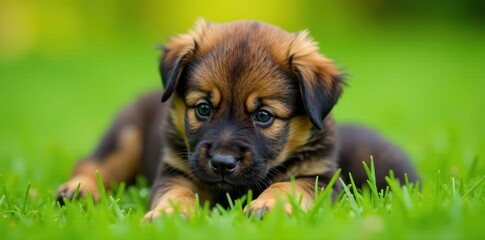 Furry Bordeaux puppy snuggles newborn kitten on green grass, grass, puppy, snuggle