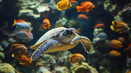 Fototapeta premium curious turtle swimming alongside a vibrant school of colorful fish, surrounded by a coral reef teeming with life, creating a lively underwater scene bursting with color and energy