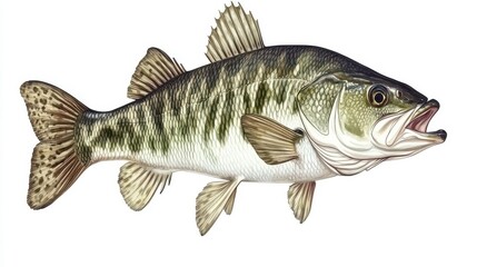 Obraz premium detailed illustration of largemouth bass fish with realistic scales and fins showing natural coloring and texture isolated on pure white background