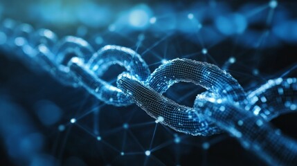 Glowing blue chain links, networked, abstract.