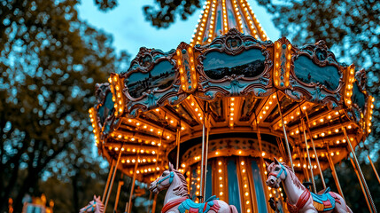 Naklejka premium A vibrant carousel adorned with bright lights, featuring beautifully crafted horses, set against a backdrop of trees, evoking a sense of nostalgia and joy.