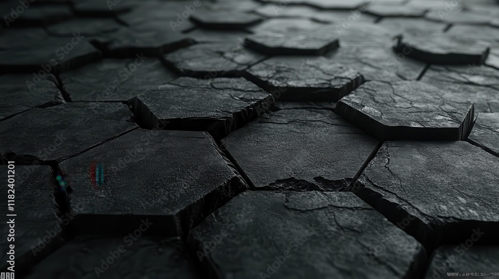 Poster dark hexagonal patterned surface with cracks. ideal for backgrounds, textures, or sci-fi environment