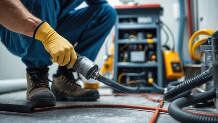 Worker with Power Tool in Workshop
