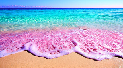A serene beach scene featuring turquoise waves gently lapping onto a sandy shore, with a hint of pink in the water, creating a vibrant tropical atmosphere.