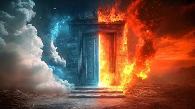 Animation of heaven paradise and fiery hell gates choice. Door to heaven and hell. Good and evil, light and darkness. God's judgment, christianity concept. Religious background