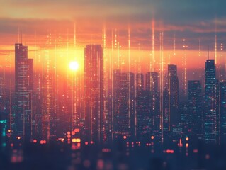 Fototapeta premium beautiful sunset at modern city skyline with glowing digital network connections, technology concept showing urban development and smart city infrastructure