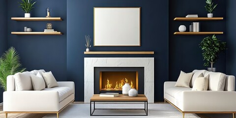 Luxurious living room interior, modern fireplace, white walls, dark wood built-in shelving, beige sofa, round coffee table, potted plants, minimalist decor, contrast of light and dark, elegant design,