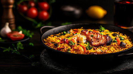 Fototapeta premium f0b Spanish paella with saffron rice, seafood, and vegetables in a castiron pan