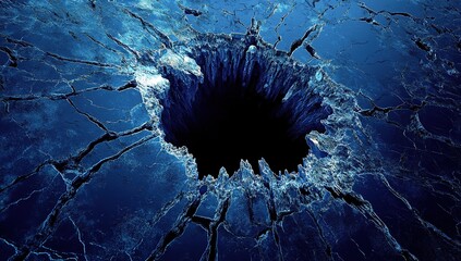 A digital art piece depicting an abstract representation of the Earth's crust, with a deep hole in its surface