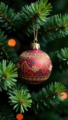 Ornament nestled among lush evergreen branches, greenery ornaments, twigs