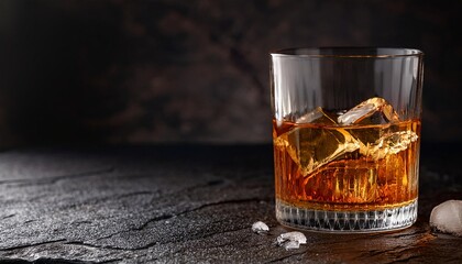 Glass of whiskey with ice on a textured dark backdrop