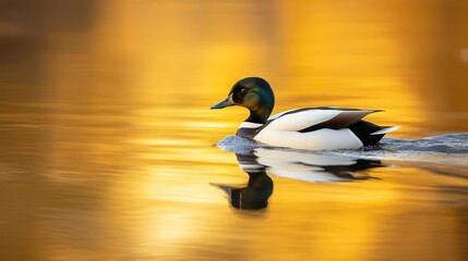 Fototapeta premium elegant black and white duck gracefully gliding across tranquil mirror-like water surface during golden hour, perfect nature photography with artistic reflection