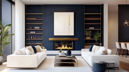 Luxurious living room interior, modern fireplace, white walls, dark wood built-in shelving, beige sofa, round coffee table, potted plants, minimalist decor, contrast of light and dark, elegant design,