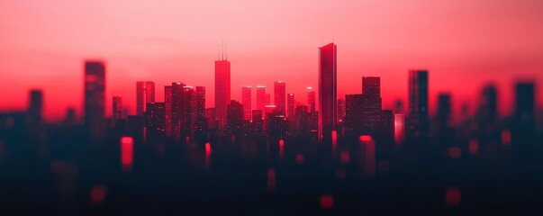 Fototapeta premium A vibrant city skyline at dusk, illuminated by a striking red hue, creating a dramatic and atmospheric urban scene.
