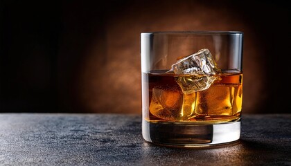 Glass of whiskey with ice on a textured dark backdrop