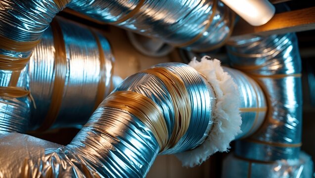 Close-Up of Insulated Metallic Ductwork in Industrial Setting