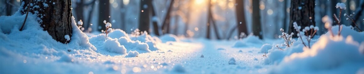 Snowflakes gently falling on frozen forest floor, soft, peaceful