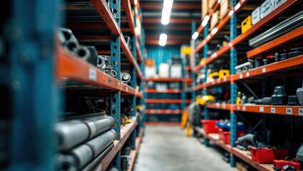 Fototapeta premium Organized Industrial Warehouse with Tools and Materials