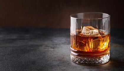 Glass of whiskey with ice on a textured dark backdrop
