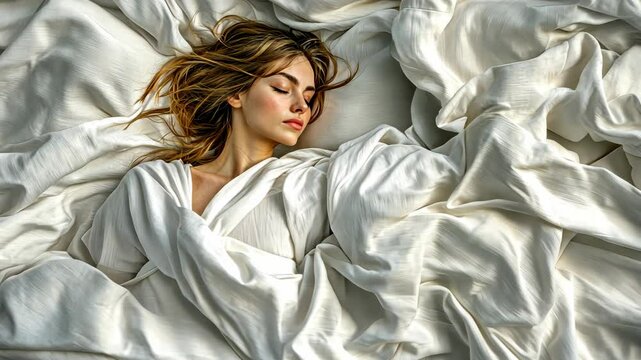 Woman peacefully sleeping under white sheets in a serene bedroom setting during the morning light