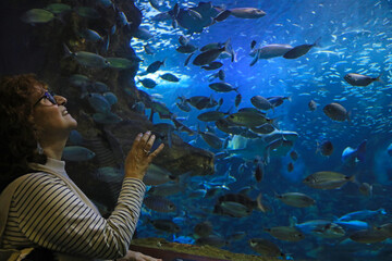 Fototapeta premium mujer mirando peces en el tunel del aquarium de donostia san sebastian 4M0A4902-as25