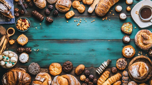 Assorted Delicious Bakery Breads Pastries on Rustic Teal Wood Background