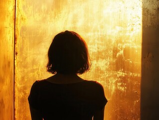 contemplative young woman silhouette rear view portrait in natural light with atmospheric mood and minimalist composition at golden hour