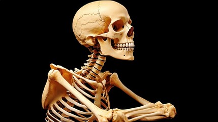 A realistic anatomical skeleton model with arms crossed, seemingly deep in thought. Perfect for medical studies, Halloween decorations, or artistic inspiration.