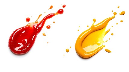 Delicious ketchup and mustard splashes isolated on white background
