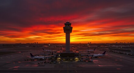 Obraz premium airport control tower at sunset, dramatic fiery sky, reflective wet tarmac, silhouette of airplanes, golden hour, panoramic view, high contrast, vibrant colors, wide-angle shot, industrial landscape, 