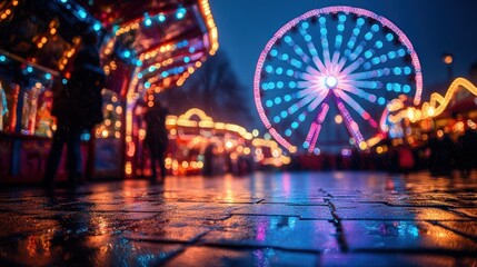 Festive night fair scene with blurred figures, colorful lights, and a Ferris wheel.