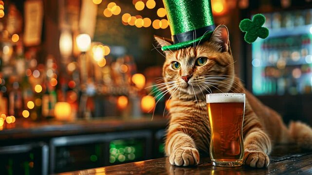 Cat celebrates St. Patrick's Day in a lively pub with festive decorations and a pint of beer