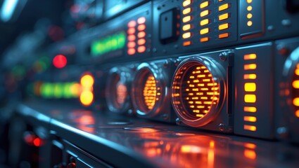 Illuminated Control Panel with Orange and Green Lights in High-Tech Setting