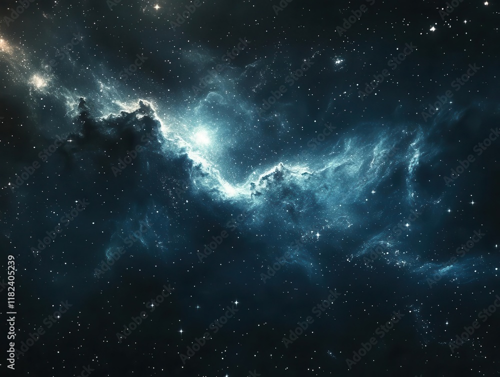Wall mural cosmic space-inspired digital background with deep blue nebula and ethereal white light streams on d