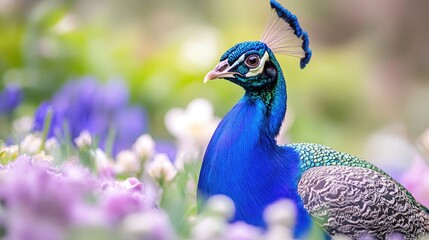 Fototapeta premium A vibrant peacock amidst colorful flowers in a natural setting.