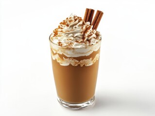 cozy autumn pumpkin spice latte with fresh whipped cream, cinnamon sticks, and decorative mini pumpkin on pristine white background