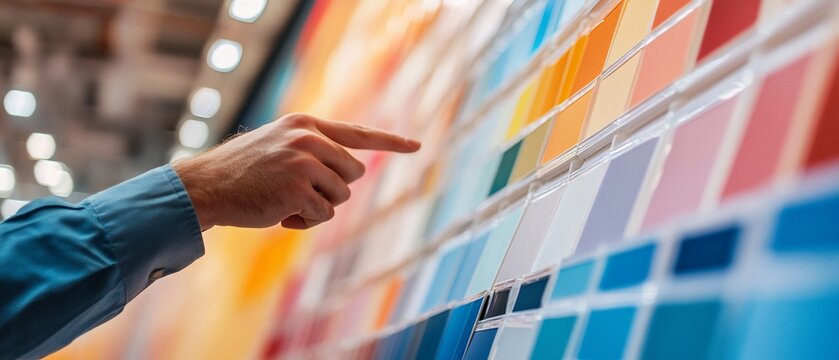 Person selecting paint color sample display