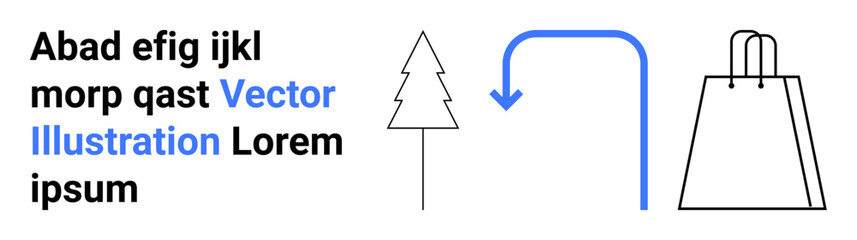 Text block with placeholder text and highlighted words, simple tree icon, blue curved arrow pointing to a shopping bag sketch. Ideal for graphic design, conceptual thinking, navigation, shopping