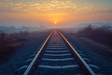 Fototapeta premium From a high-angle view on a sunny day, airport track stretches out like a ribbon into vanishing point against backdrop of a clear blue sky, with morning sun casting a golden glow on tarmac