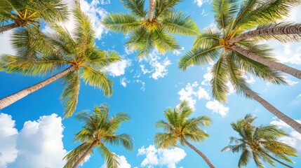 Fototapeta premium Low angle view of palm trees against a vibrant blue sky.