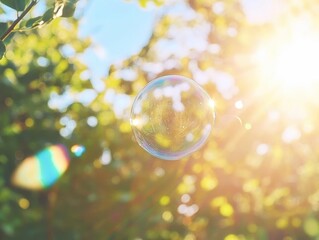 delicate soap bubble floating in natural sunlight against blue sky background with soft focus natural outdoor environment capturing rainbow reflections