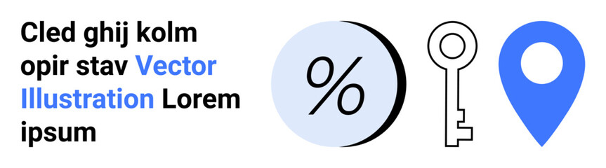 Percentage symbol, key, and location pin in blue and black. Ideal for finance, security, navigation, education, mobile apps, promotional materials, user interfaces, and web design. Landing page