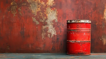industrial still life weathered red paint container with rust patina in dramatic construction site lighting and textured background
